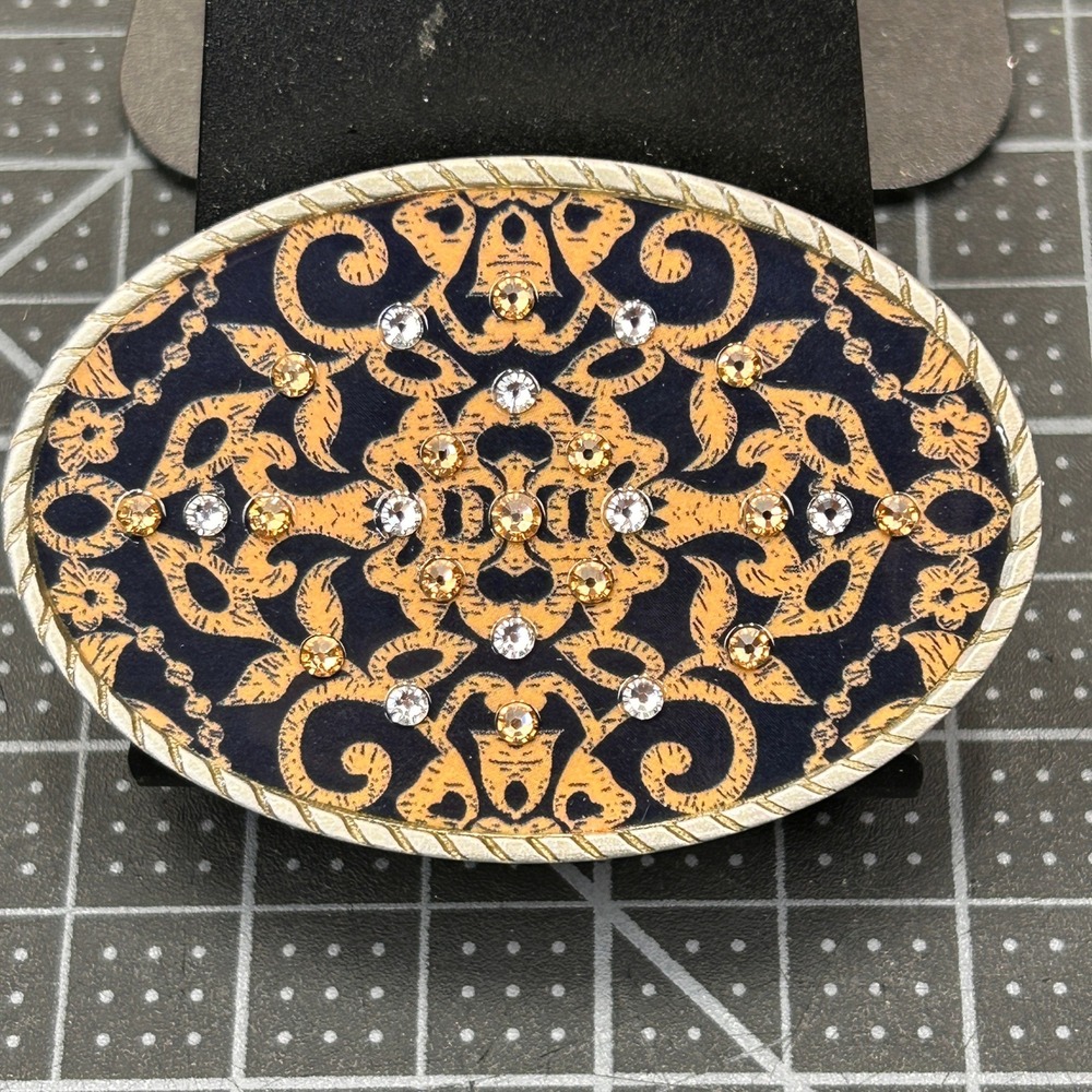 CuffEnvy Navy Gold‎ Filigree Rhinestone Oval Belt Buckle Western Boho Statement